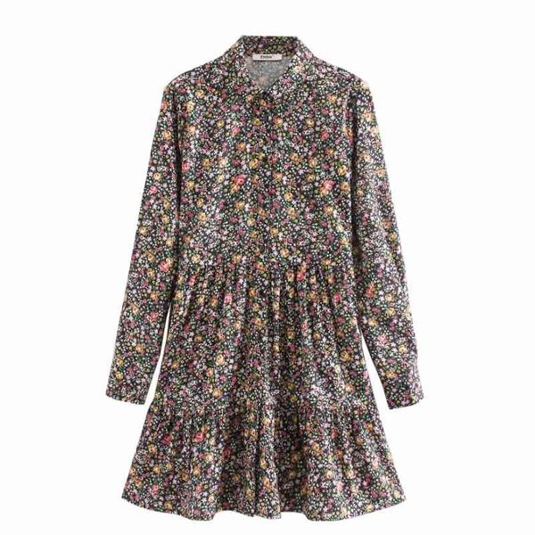 

women elegant floral printing shirtdress chic ladies long sleeve pleat ruffles vestidos casual slim mini dresses ds3273 210419, Black;gray