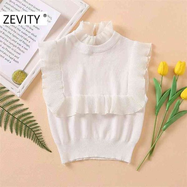 

women fashion ruffled collar sleeveless vest knitting sweater female pleat chiffon stitching pullover short s451 210420, White;black