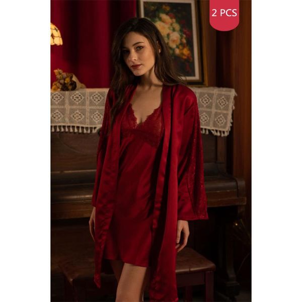 

women's dressing gown 2pcs robe sets female loose pajamas lace nightdress nightgown home clothes sleepwear sleep suit bathrobe, Black;red