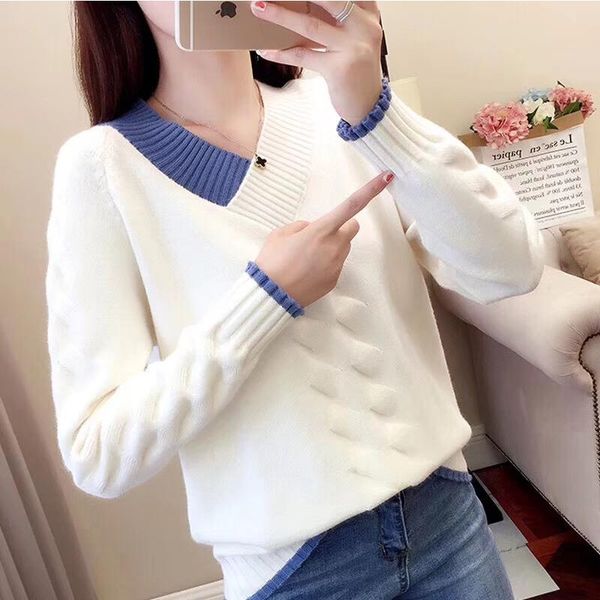 

women's sweaters weihaobang 2021 autumn winter loose v-neck solid color knitted sweater pullover long sleeve, White;black