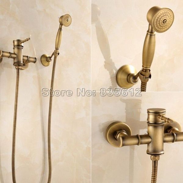 

wall mounted retro bamboo style bathroom single handle tub shower faucet antique brass finish with hand held head wtf400 sets