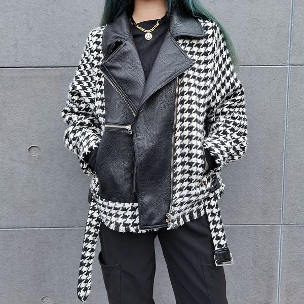 

wool autumn winter female houndstooth and leather jacket woolen motorcycle short coat loose, Black