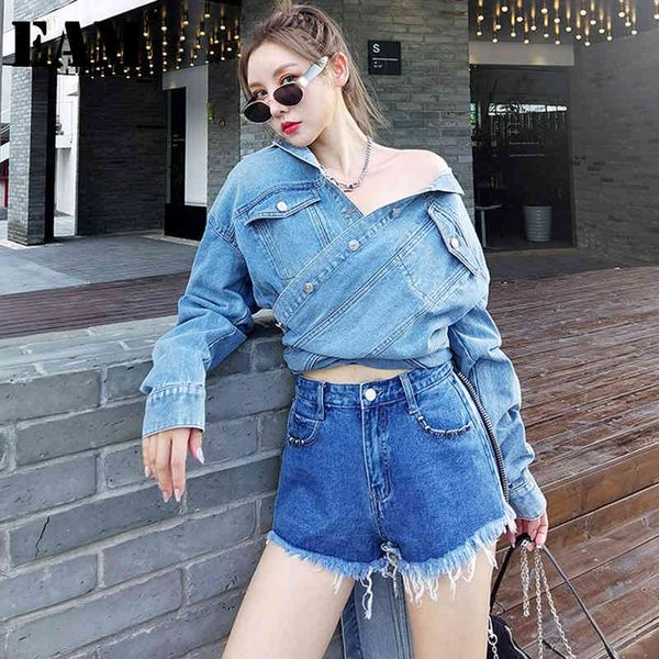 

[eam] loose fit blue denim pocket big size jacket lapel long sleeve women coat fashion spring autumn 1dd6405 21512, Black;brown