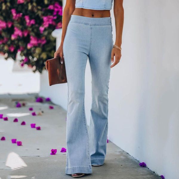 

women's jeans women button high waist zipper elasti jean wide leg flared slim causal vintage denim pants pantalones de mujer, Blue