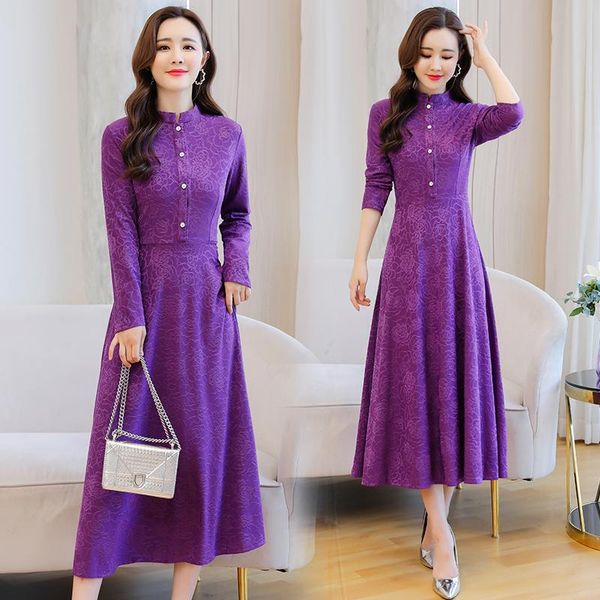 

casual dresses coigarsam women dress autumn 2021 office lady korea style knitting full sleeve solid stand neck purple red black, Black;gray