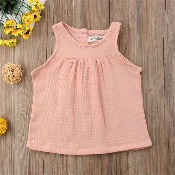 

sleeveless summer girls blouses vest linen casual baby solid shirts for children kids clothing dress, Blue