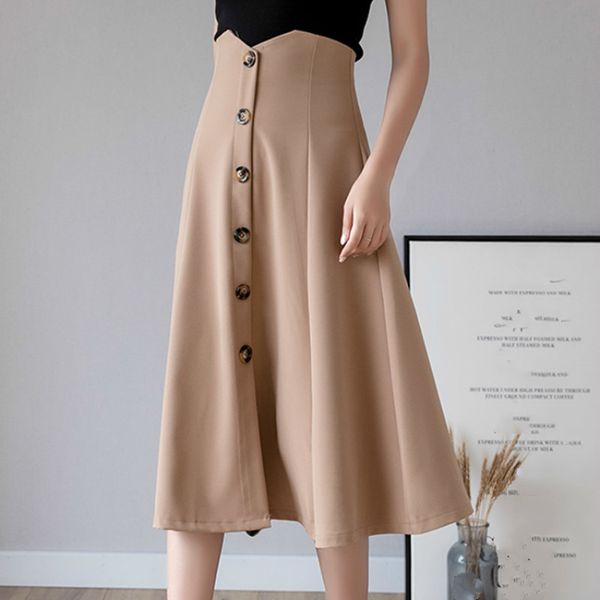 

nomikuma vintage fashion single breasted high waist skirt women solid color casual ol a line skirts summer faldas 3a378 210514, Black