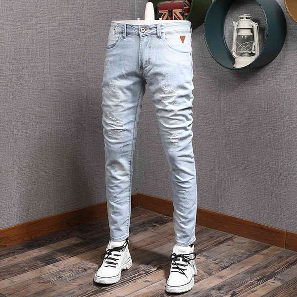 

jeans newly designer fashion retro light blue elastic cotton ripped jeans for men korean style slim fit denim pencil pants
