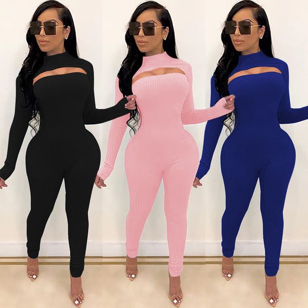 

2020 new solid color nightclub pit strip jumpsuit + long sleeve pullover tight two-piece women's set, Black;red