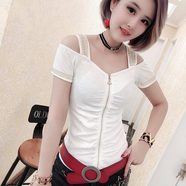 

women's t-shirt off shoulder diamonds zipper tshirt 2021 spring summer women hollow out slash neck short sleeve shirt clothes t9370, White