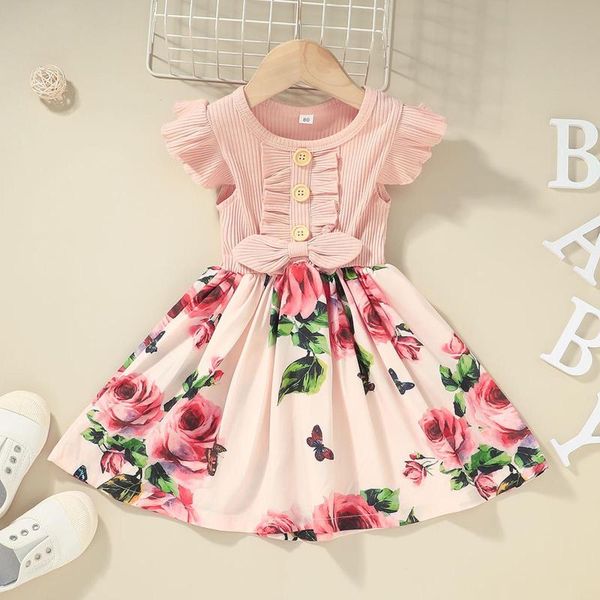 

girl's dresses toddler girls kid clothing for baby sleeve casual bow ribbed floral flower dress summer princess, Red;yellow