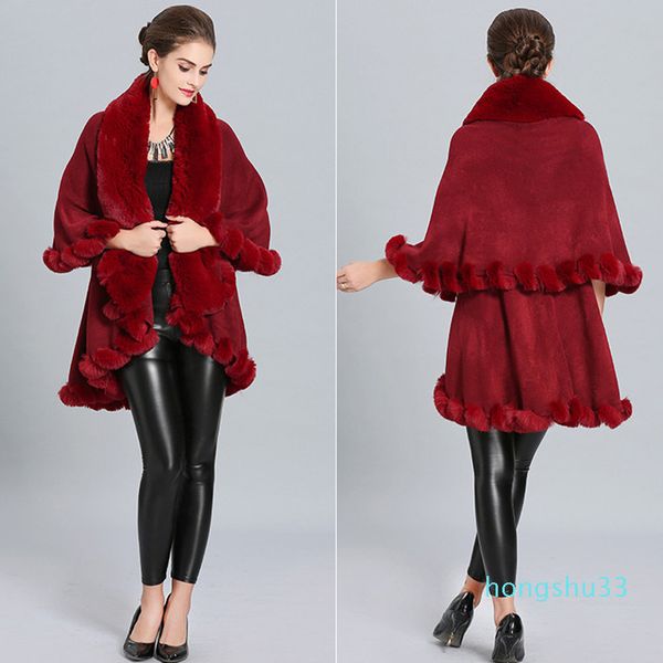 Moda Doppio Strato Artigianato Pelliccia di Volpe Mantello Scialle Lungo Maglia Cashmere Poncho Cappotto Avvolge Pelliccia Sintetica Pashmina Mantello Inverno Donna Nuovo 201224