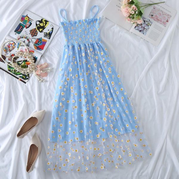 

casual dresses lucyever daisy mesh pleated dress women summer spaghetti strap high-waisted slim woman fashion floral femme vestidos, Black;gray
