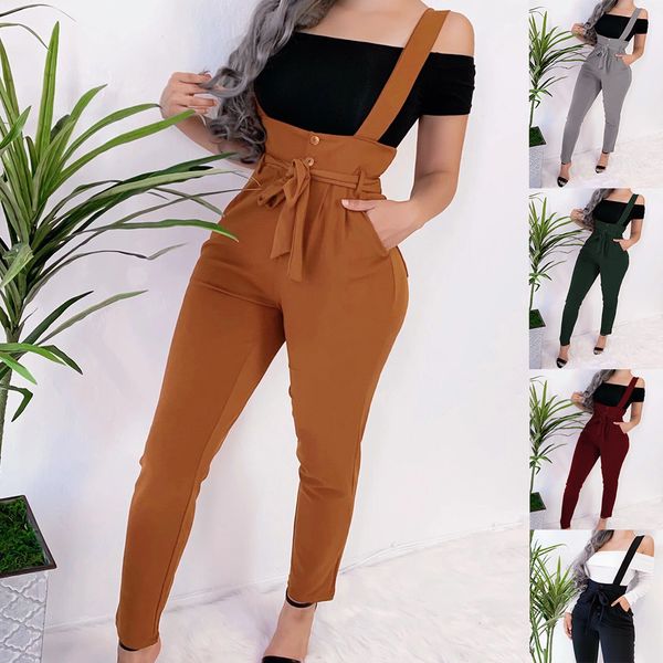 İnce Sling Uzun Tulum Kadın Sonbahar Kış Streetwear Düğme Cepler Yüksek Bel Kalem kadın Tulum Ofis Lady 5 Renkler 210507