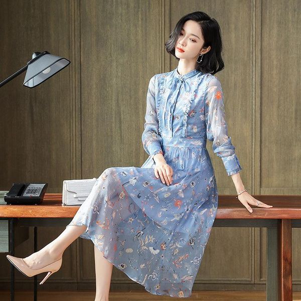 

elegant spring summer clothing women's long sleeve fashion dress 100% real silk crepe printed casual dresses, Black;gray