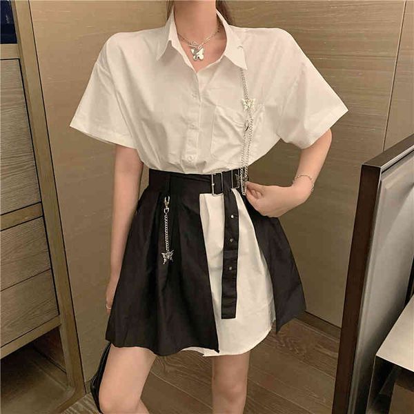 

women 2 piece set summer white turn down collar cotton long shirt + high waist pleated mini skirts casual suit 210518