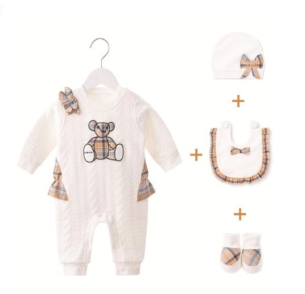 4 pezzi set neonate pagliaccetti scozzesi + cappelli + bavaglini + scarpe primavera autunno manica lunga tutine in cotone tute per bambini abbigliamento infantile 0-12 mesi