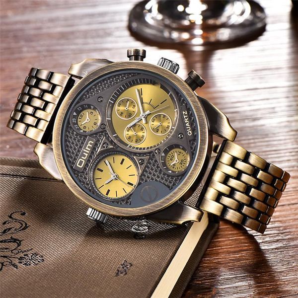 

wristwatches oulm 9316 men's full steel quartz watches men military watch dual time zone male wristwatch relogio masculino, Slivery;brown