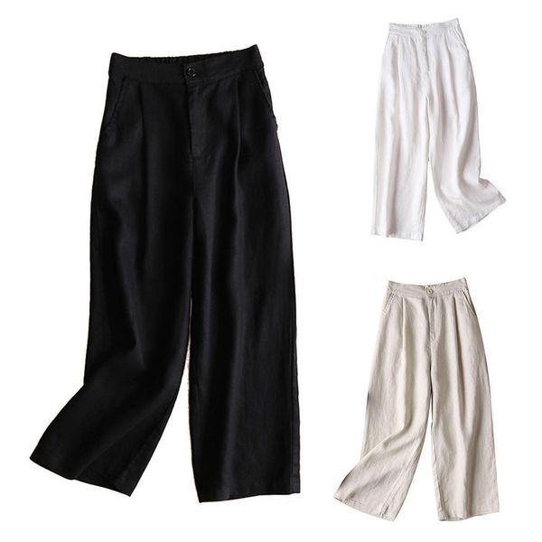 

fashion solid color plus size women capris casual loose wide leg long trousers pants, Black;white