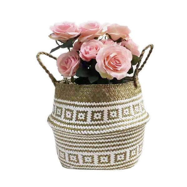 

handmade wicker storage basket folding laundry dirty clothes straw rattan seagrass garden flower pot plant baskets decoration