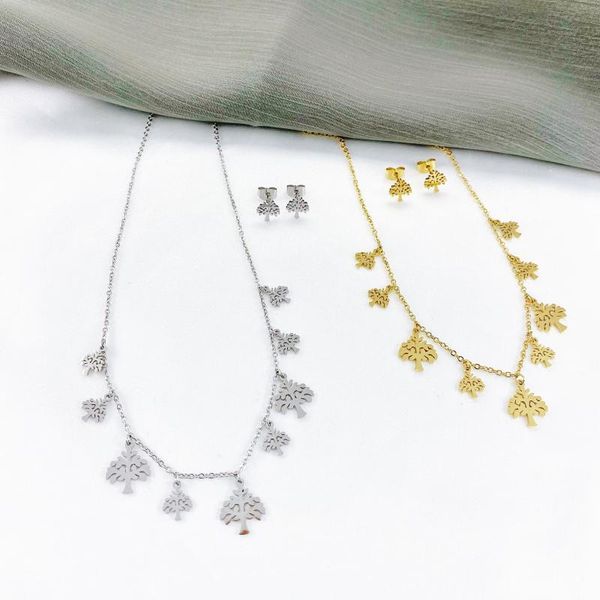 

earrings & necklace 2021 fashion tree of life stainless steel crystal jewelry sets women gold color earings set jewelr, Silver
