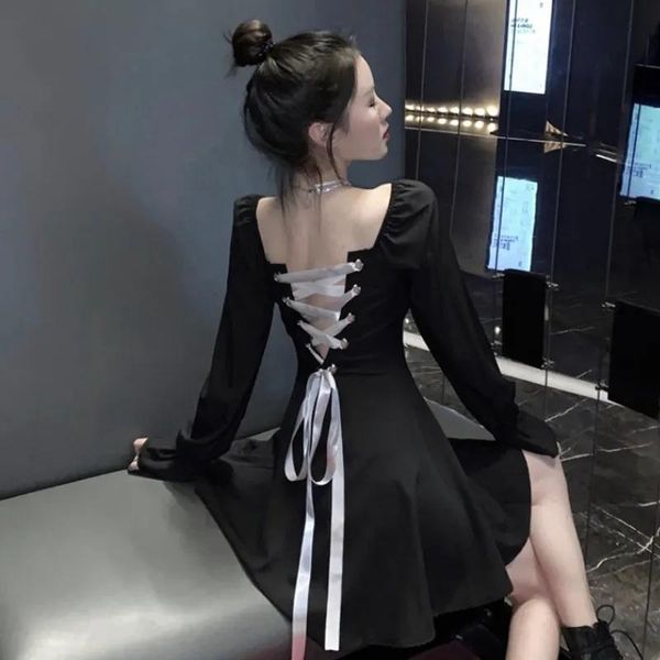 

casual dresses bandage dress female hepburn style little black suspender long-sleeved 2021 temperament waist design, Black;gray