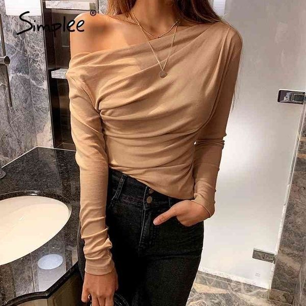 

simplee casual one shoulder women summer long sleeve t-shirt female asymmetric slim solid ladies shirts 210408, White