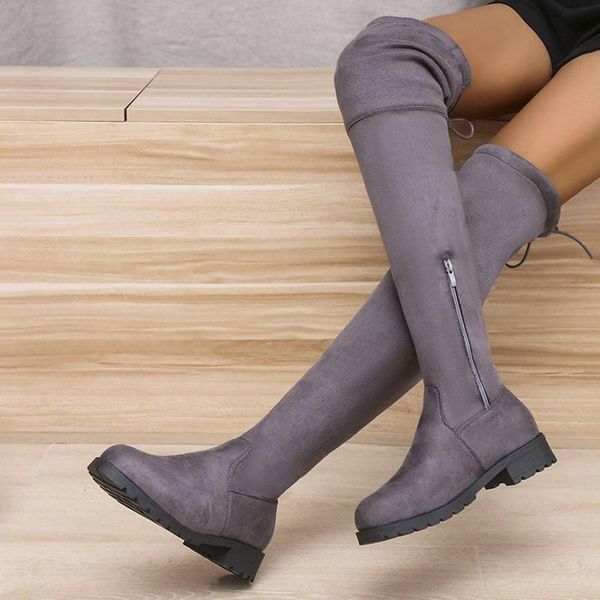 

boots mcckle woman long flock lace up low heels ladies shoes autumn fashion zip women over the knee female footwear, Black