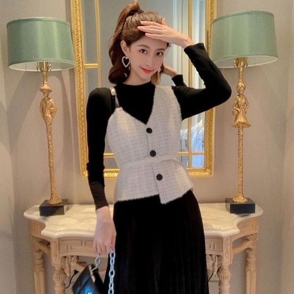 

casual dresses asymmetry sweater cardigan vest belt shoulder long sleeve mesh layered tassel hem midi dress vintage women set, Black;gray
