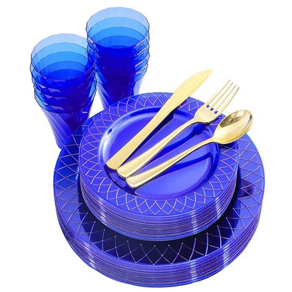 

disposable dinnerware 150 transparent blue plastic dishes with golden edges and silver devices primary gold discs in