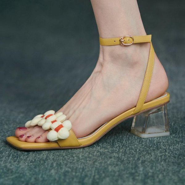 

sandals sweet thick heels shoes woman flowers ankle strap high for women genuine leather dancing prom shoe, Black