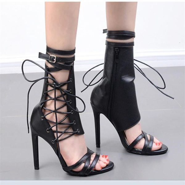 

sandals roman buckle strap shoes women gladiator lace up peep toe high heels 11.5cm woman ankle boots black aprict hu3r