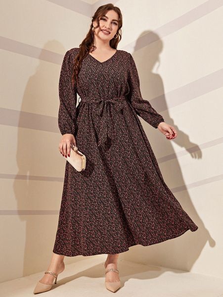 

plus ditsy floral lantern sleeve belted dress a19t#, Black