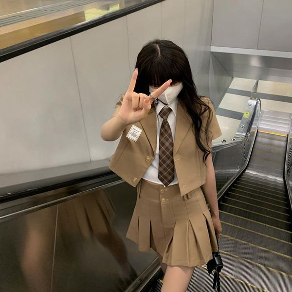 

clothing sets ladies school uniform japanese college style fashion sweet girls short sleeve plaid tie suit gentle pleated skirt set, White