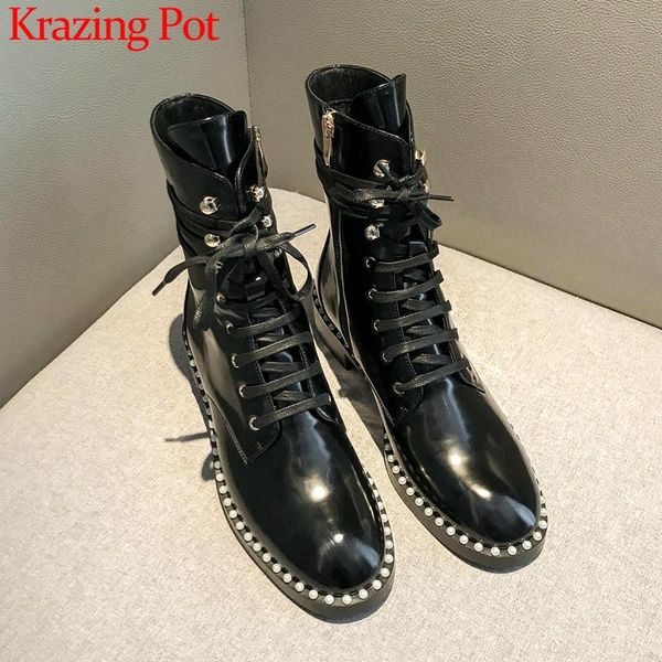 

boots krazing pot brand full grain leather pearl round toe thick heel zip winter shoes office lady mature motorcycle ankle l41, Black