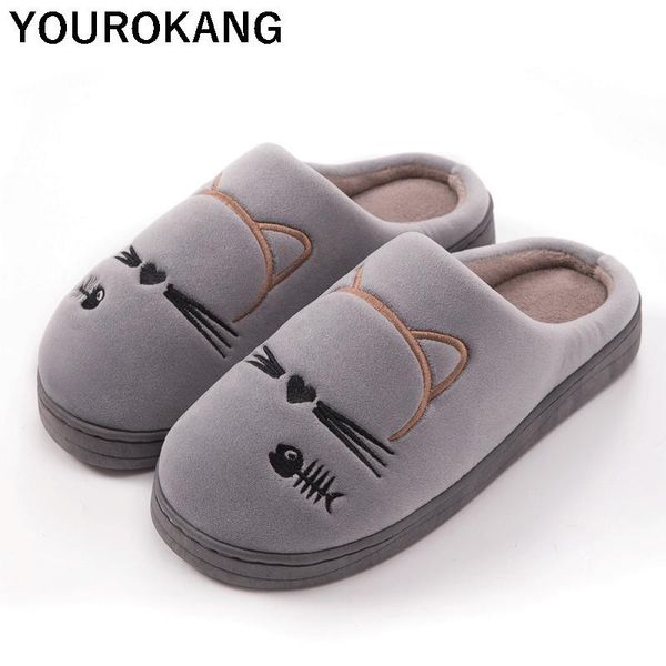 

slippers men shoes warm winter home cartoon cute lovers plush slipper non-slip household footwear soft furry couple, Black