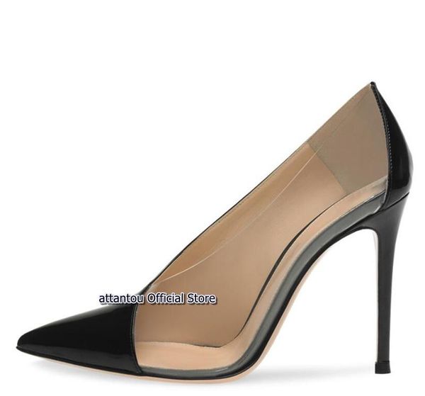

dress shoes fashion black patent leather with transpatent pvc thin high heel women pointy toe pumps slip on ol party