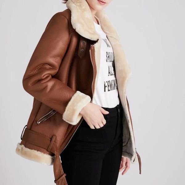 

women's leather & faux winter pu lamb wool jacket women fashion thickened warm locomotive lapel loose belt coat outwear s1615, Black