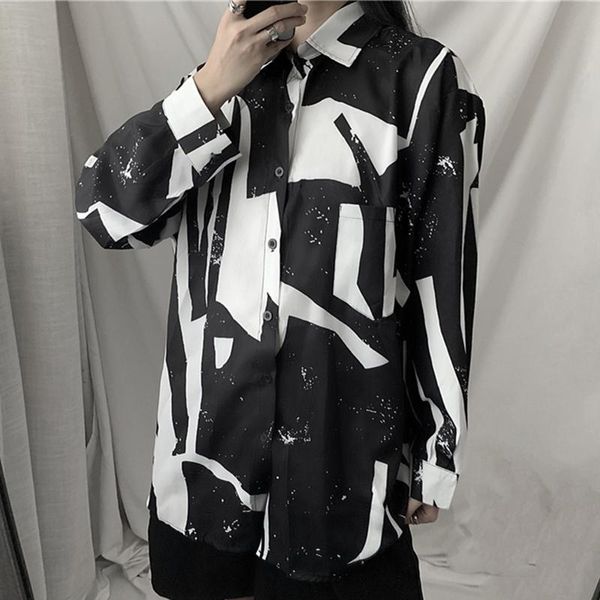 

men print hawaiian shirts harajuku streetwear hip hop autumn long sleeve blouse punk rock oversize men's casual, White;black