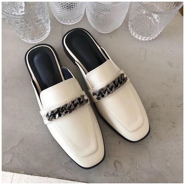 

luxury design slip on outside mules slippers brand chain british sandal shoes flat round toe slides big size 41, Black