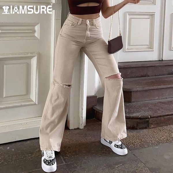 

women's jeans iamsure loose solid ripped casual streetwear high waisted trousers women denim wide leg pants 2021 elegant fashion ladies, Blue