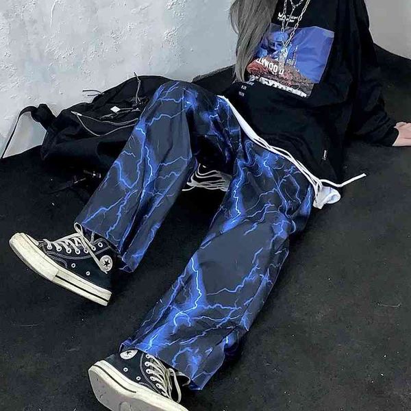 

women's pants & capris female harajuku-style ensemble, retro street pants with lightning pattern, casual pants, baggy legs, fabric hip, Black;white