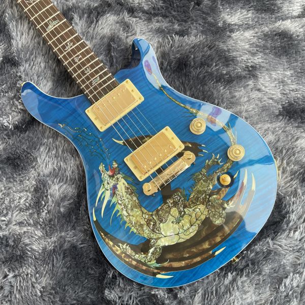 Rare Smith Dragon 2000 #30 Blue Flame Maple Top Электрогитара с оберткой вокруг хвостовой части, инкрустация из морского ушка, золотая фурнитура