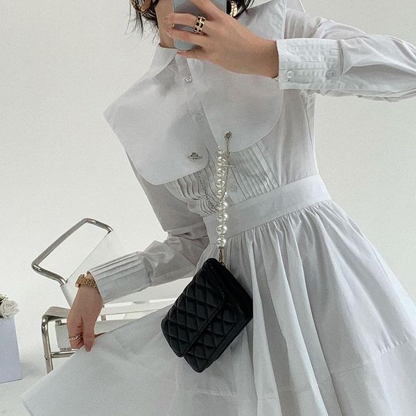 

casual dresses patchwork chain shirt for women lapel long sleeve high waist white pleated midi dress female fashion, Black;gray