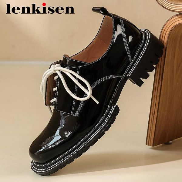 

lenkisen large size cow patent leather sewing mixed colors round toe thick med heel lace up neutral daily wear women pumps l8f1 dress shoes, Black