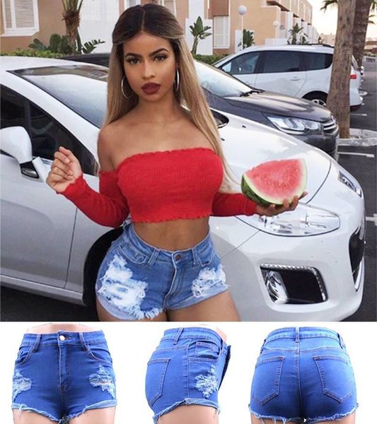 

women shorts medium denim short jeans ripped skinny pants mid waist updated, Blue