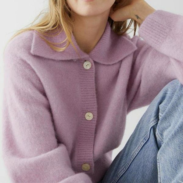 

women's knits & tees woman turn-down collar knitted purple cardigan 2021 autumn long sleeve ladies single breasted sweater outwear kni, White