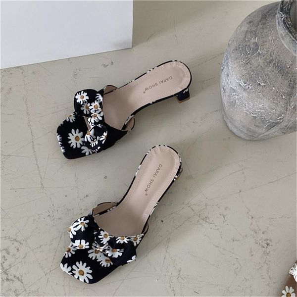 

sandals summer women's shoes small daisy print thick heel slipper with square head and bow tie sandal1 zgvh, Black