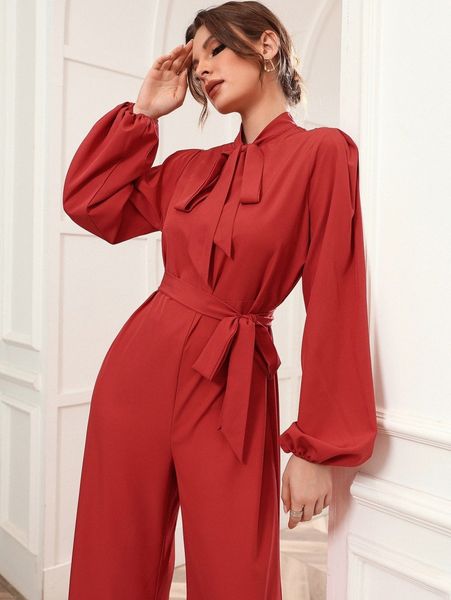 

tie neck bishop sleeve jumpsuit r3ey#, White