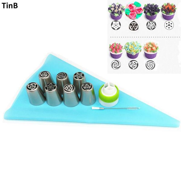 

cake tools 10pcs/set big russian tulip pastry tips 1 pcs silicone bag nozzles brush 304 stainless steel cream piping